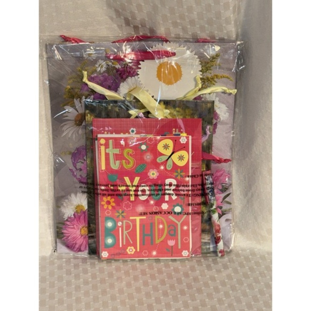 Gem Stone 13 PC Pink Floral Birthday Cards Gift Bags Tissue Pen Set